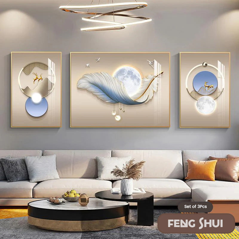 Skanto Set of 3 Modern Aesthetic Triptych Light Luxury Feather Abstract Wall Art Fine Art Canvas Prints Feng Shui Pictures for Modern Living Room | Skanto