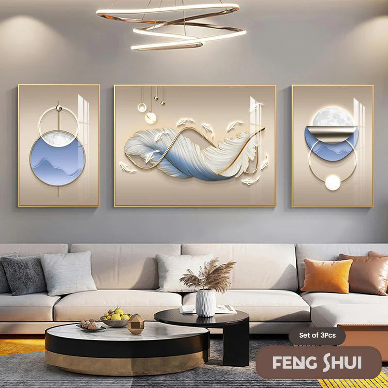 Skanto Set of 3 Modern Aesthetic Triptych Light Luxury Feather Abstract Wall Art Fine Art Canvas Prints Feng Shui Pictures for Modern Living Room | Skanto