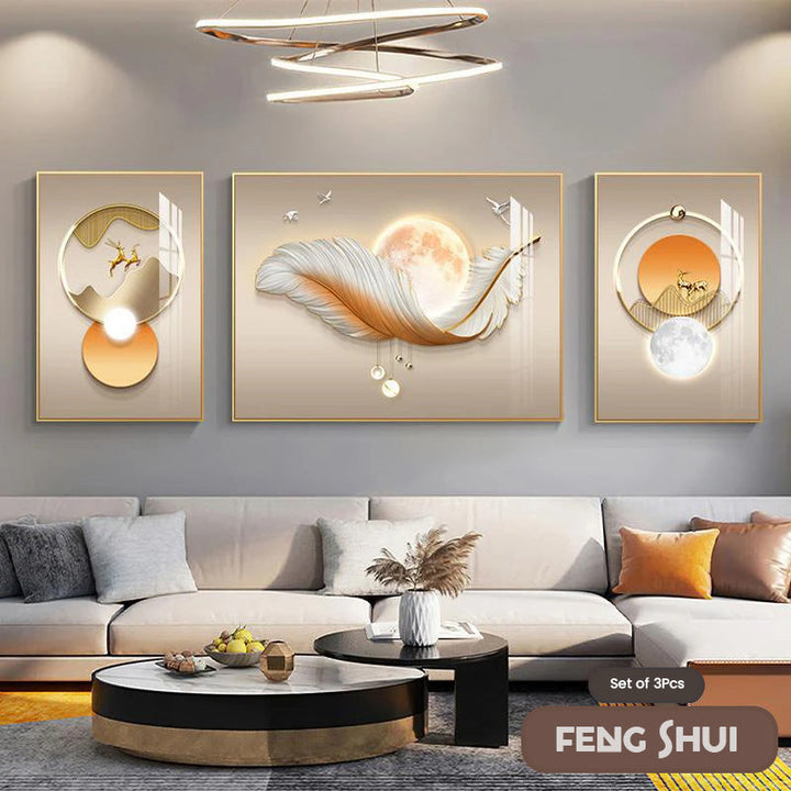 Skanto Set of 3 Modern Aesthetic Triptych Light Luxury Feather Abstract Wall Art Fine Art Canvas Prints Feng Shui Pictures for Modern Living Room | Skanto