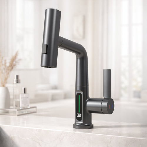 Trekk-ut kjøkkenkran med LED og 5 spraymoduser | Skanto