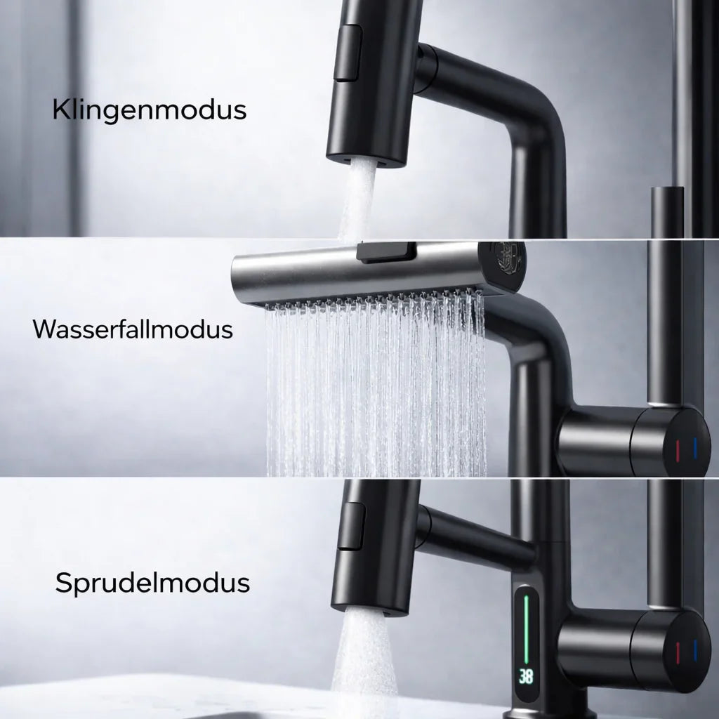 Trekk-ut kjøkkenkran med LED og 5 spraymoduser | Skanto