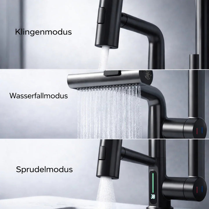 Trekk-ut kjøkkenkran med LED og 5 spraymoduser | Skanto
