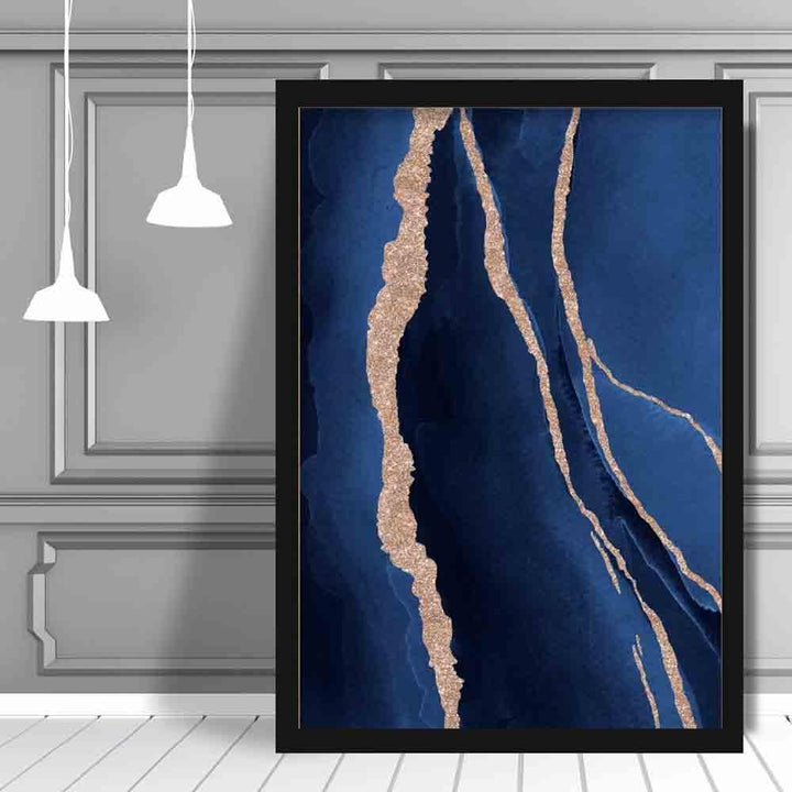 Abstrakt kunsttrykk i marineblått og gull nr. 1