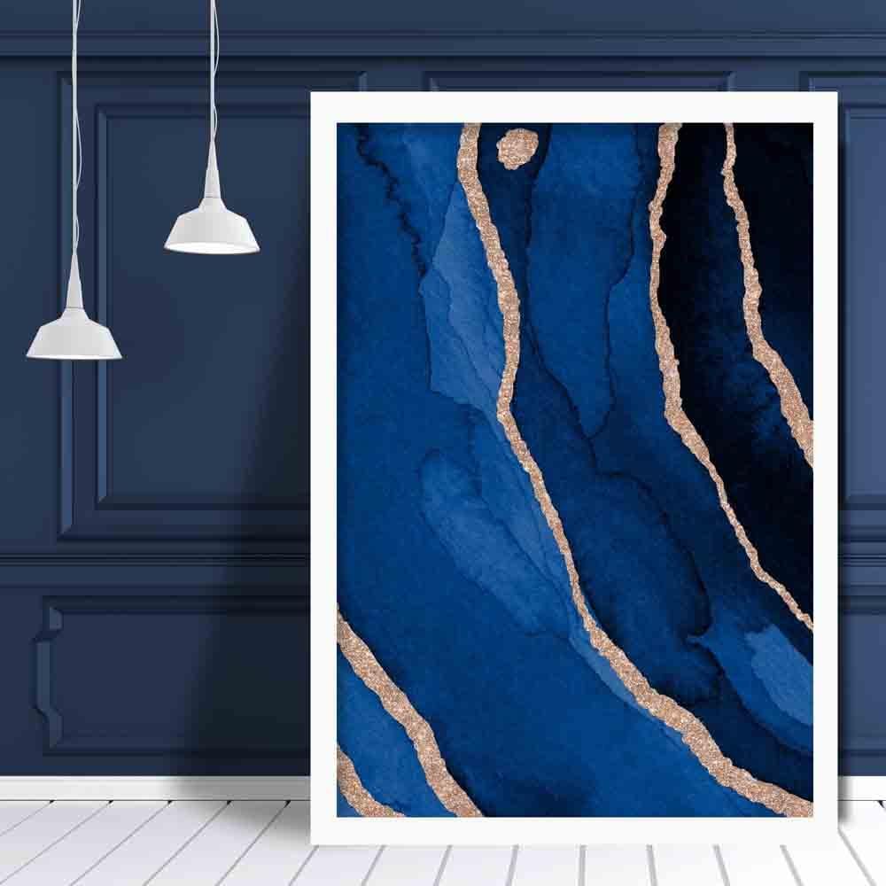 Abstrakt kunsttrykk i marineblått og gull nr. 3