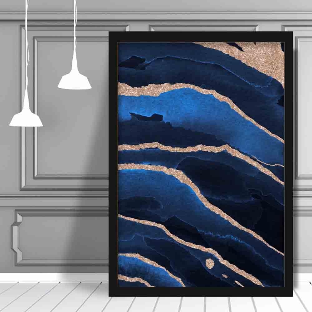 Abstrakt kunsttrykk i marineblått og gull nr. 2