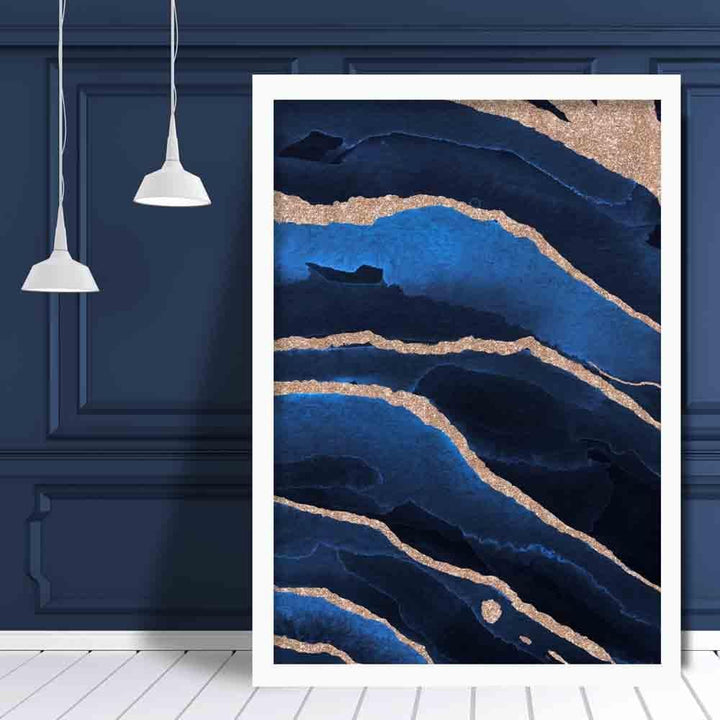 Abstrakt kunsttrykk i marineblått og gull nr. 2