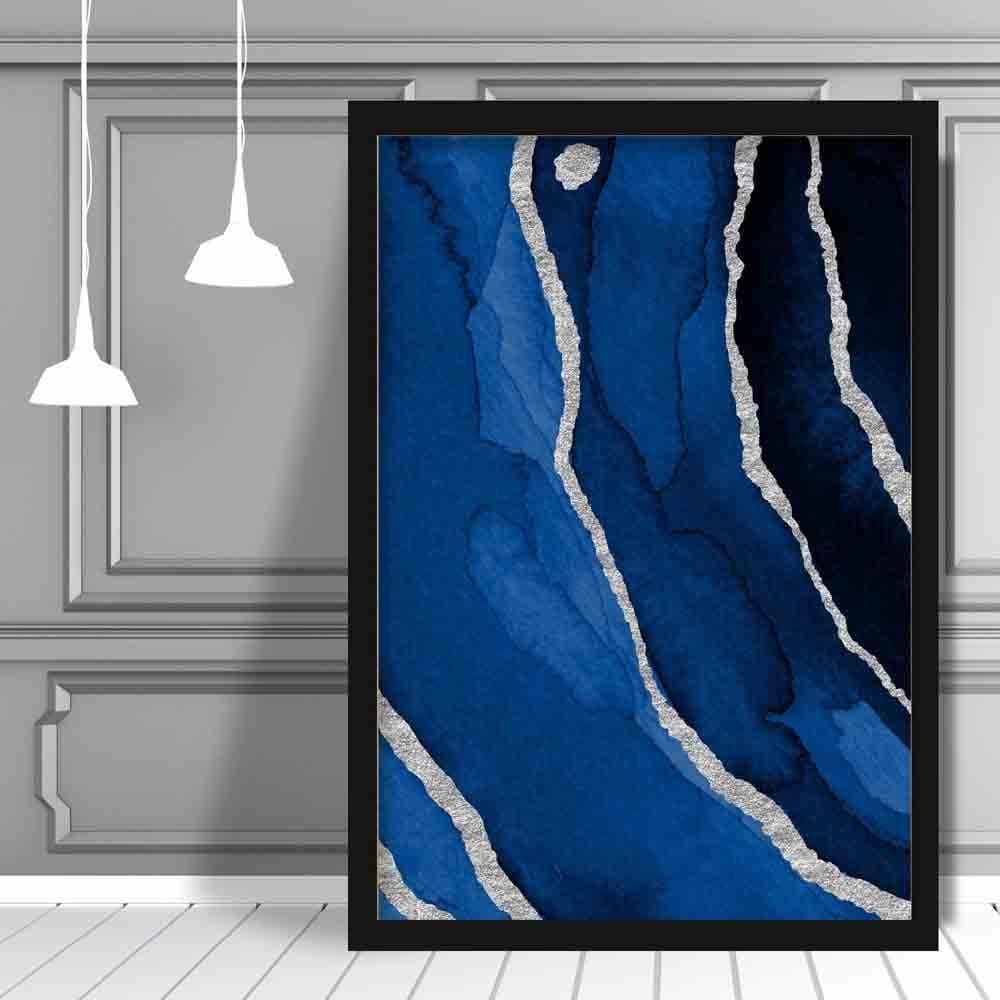 Abstrakt kunsttrykk i marineblått og sølv nr. 3