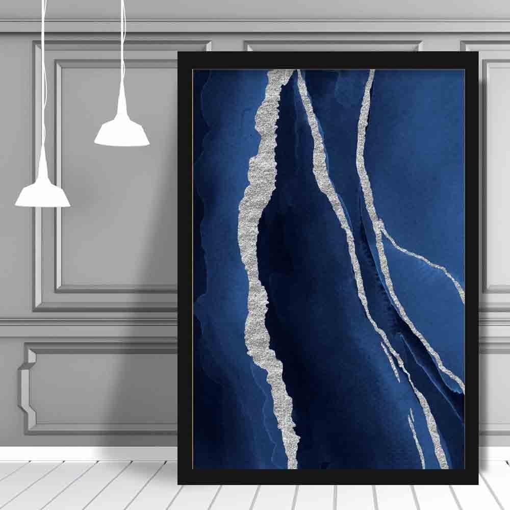 Abstrakt kunsttrykk i marineblått og sølv nr. 1