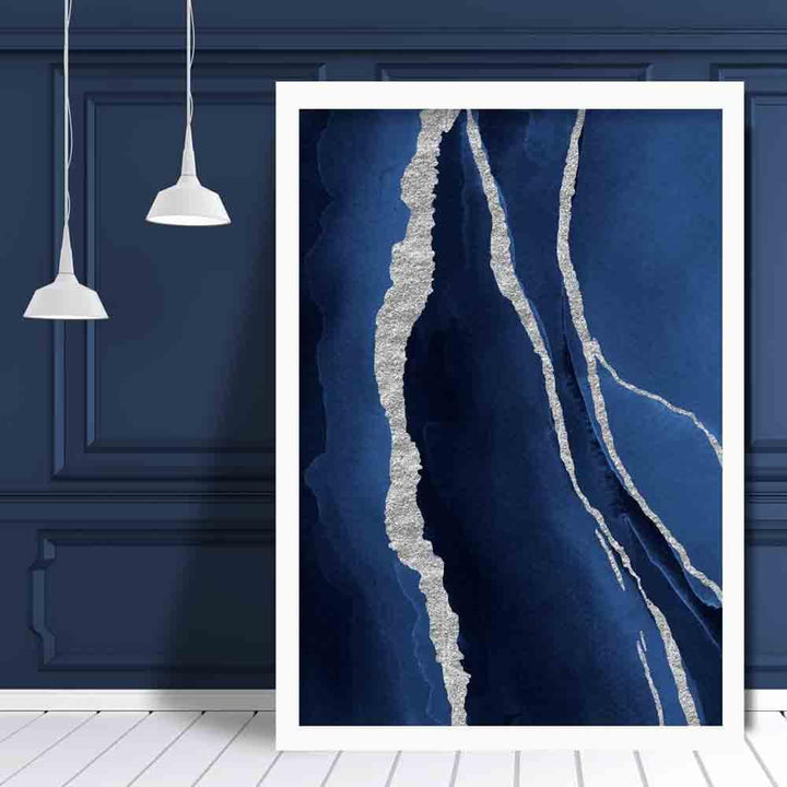 Abstrakt kunsttrykk i marineblått og sølv nr. 1