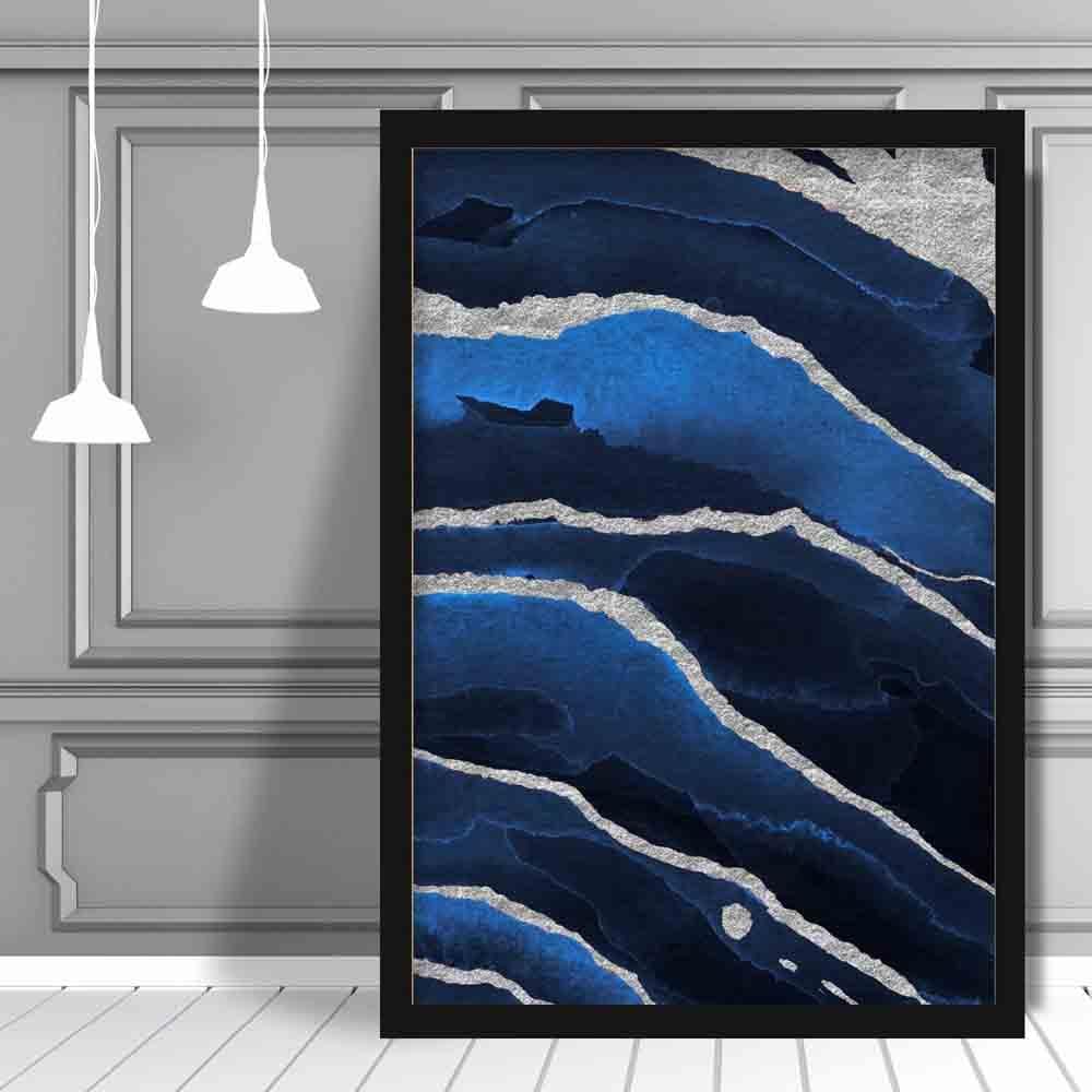 Abstrakt kunsttrykk i marineblått og sølv nr. 2