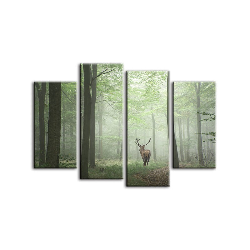 4 stk Tåkelagte Mystiske Hjorter i Skogen - Lerret Veggkunst Maleri | Skanto