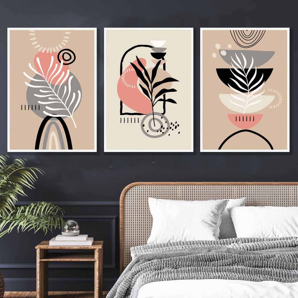 Bohemsk abstrakt sett med 3 veggkunstverk i rosa, svart, beige og grått