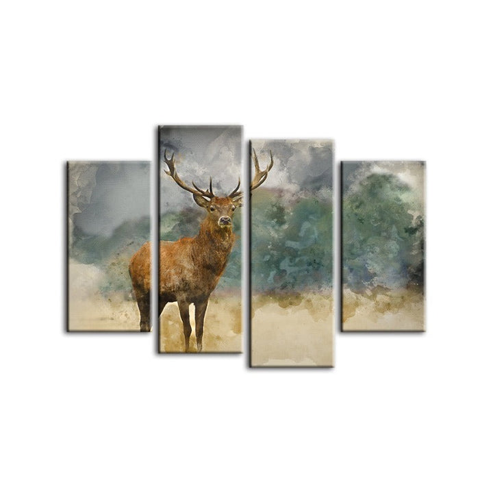 4-delt Aquarell Ebenholz Hjort - Lærred Veggkunstmaleri | Skanto