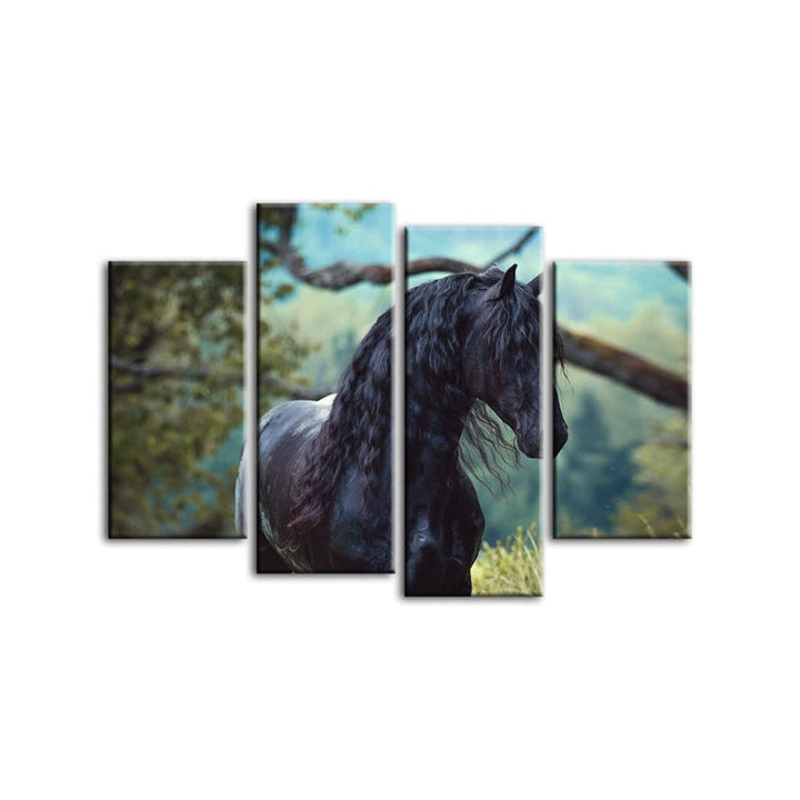 4 Piece Black Horse in Forest Canvas Wall Art Painting | Skanto